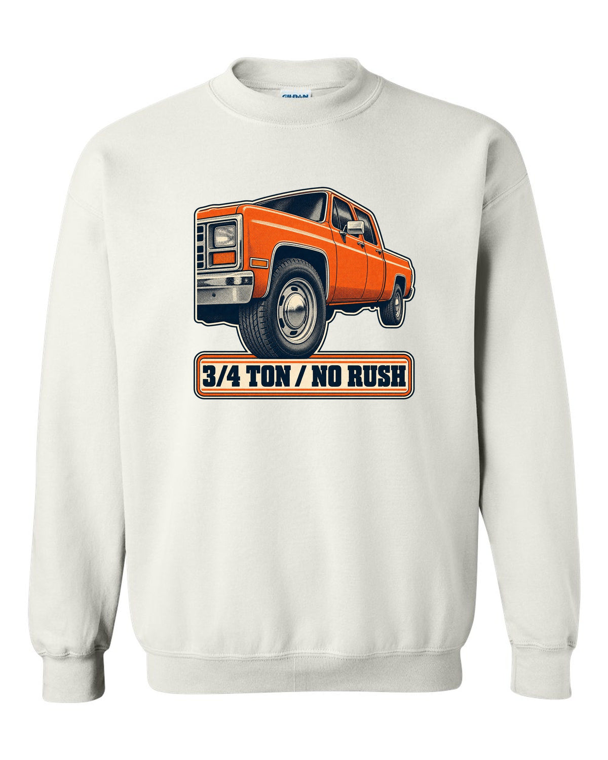 Retro halftone print of a steel wheel close-up on a 1973-87 Chevrolet C20 Squarebody with 3/4 ton lettering white crewneck front view with the design