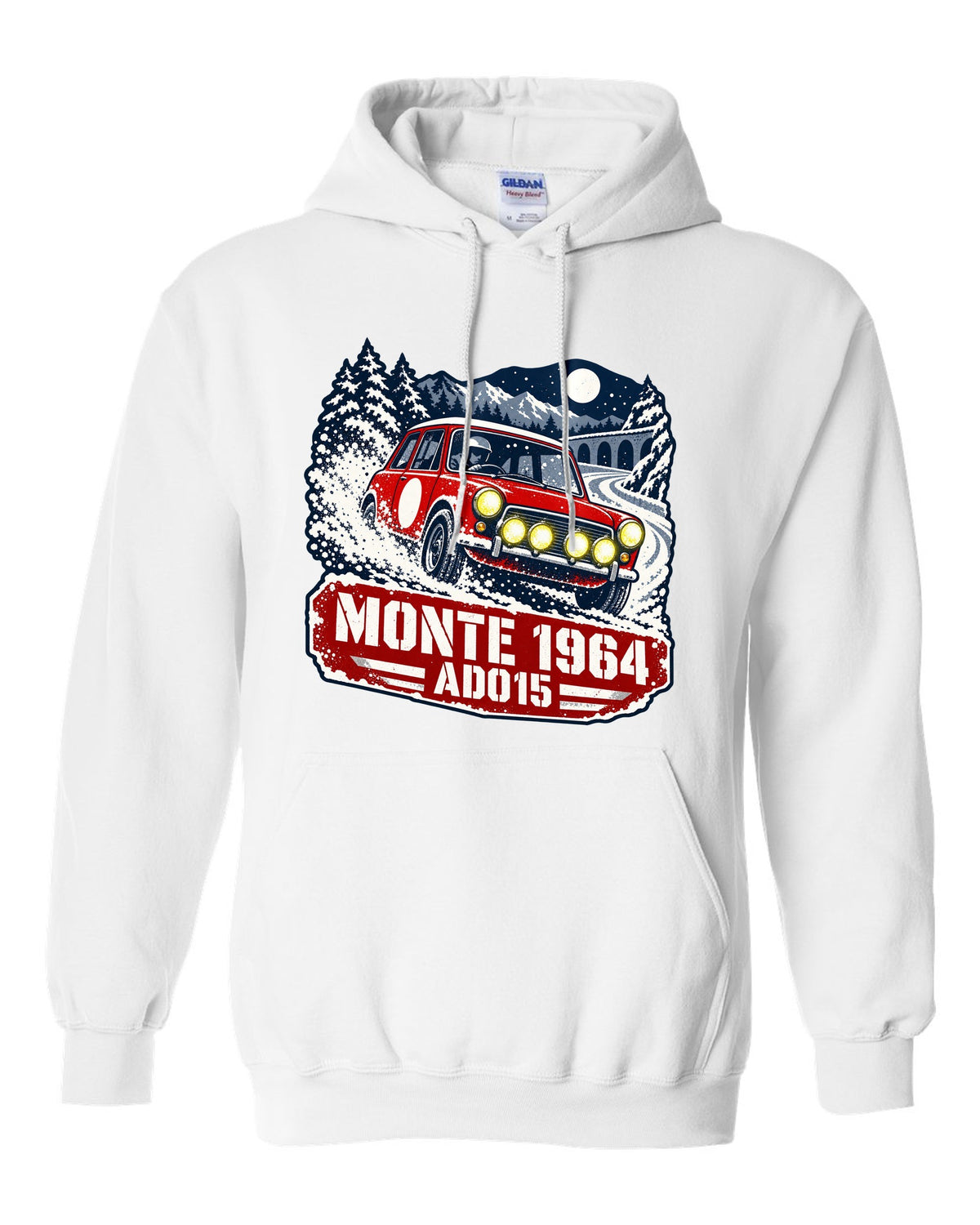 Stencil rally poster print of a Classic Mini Cooper S ADO15 on a night stage for Monte 1964 white pull over hoodie front view with the design