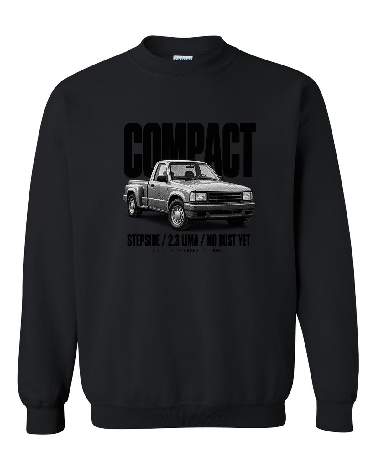 Ford Ranger 1995 stepside halftone print with compact, 2.3 Lima, no rust yet text black crewneck front view with the design
