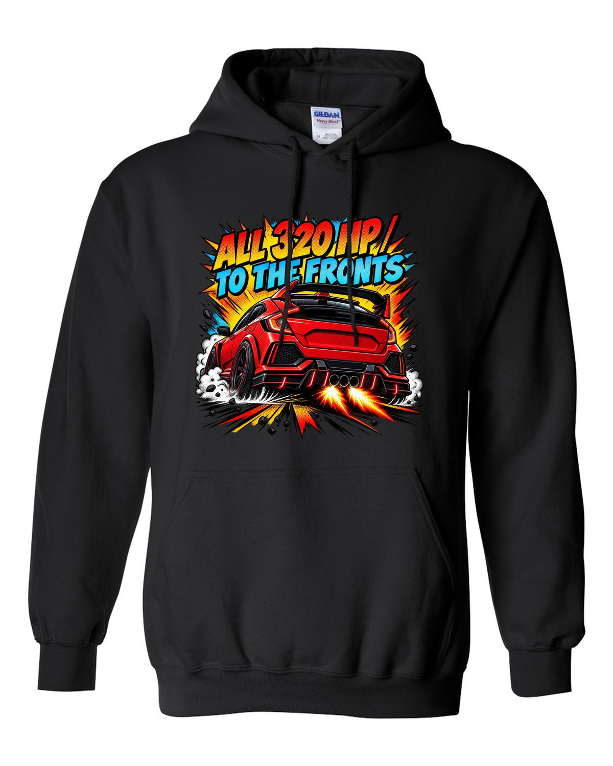 Halftone comic print of a Honda Civic Type R FK8 with triple exhaust and 320 HP text black pull over hoodie front view with the design