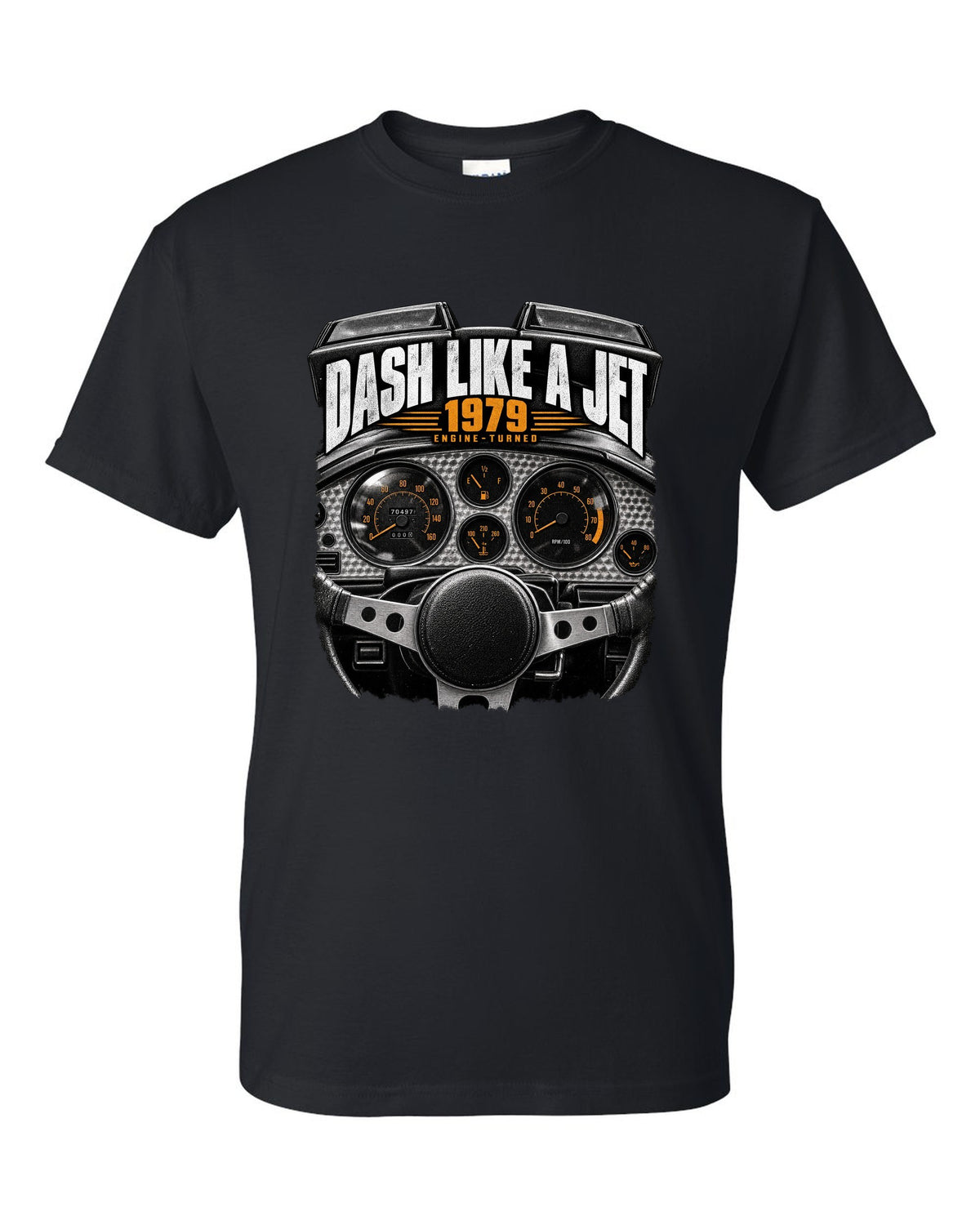 print of a 1979 Pontiac Firebird cockpit with engine-turned dash panel black t-shirt front view with the design