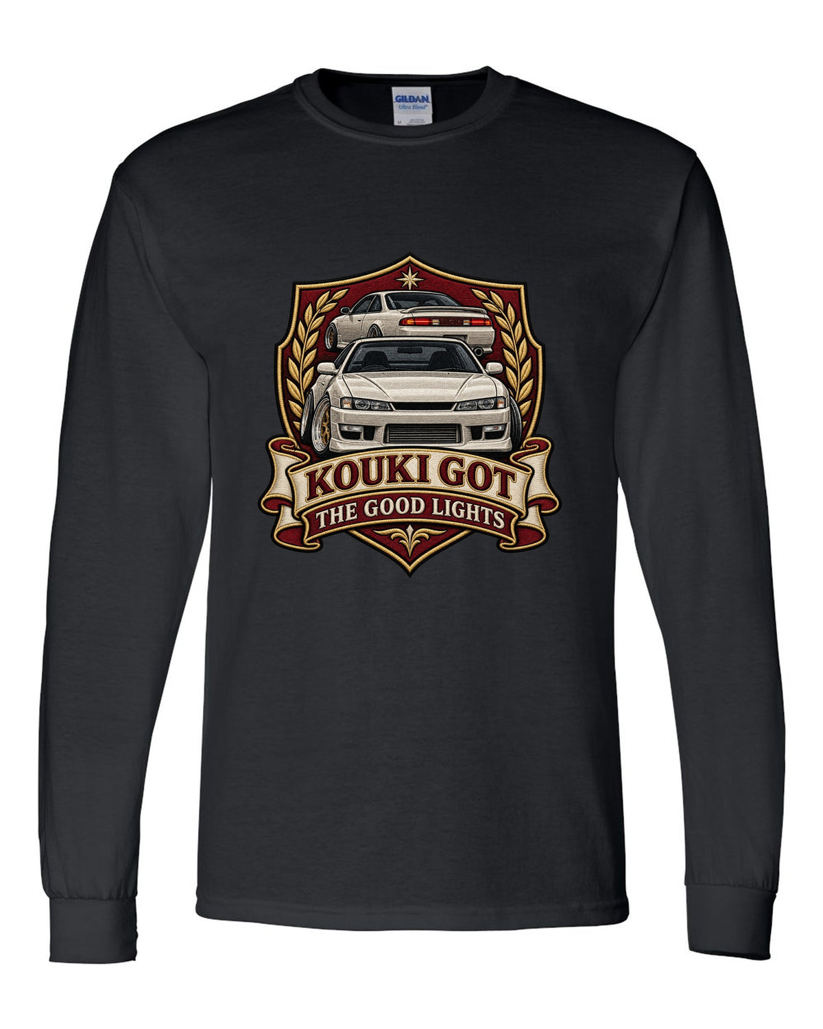 Embroidered shield crest print for the Nissan Silvia S14 kouki reading Kouki Got the Good Lights black long sleeve front view with the design