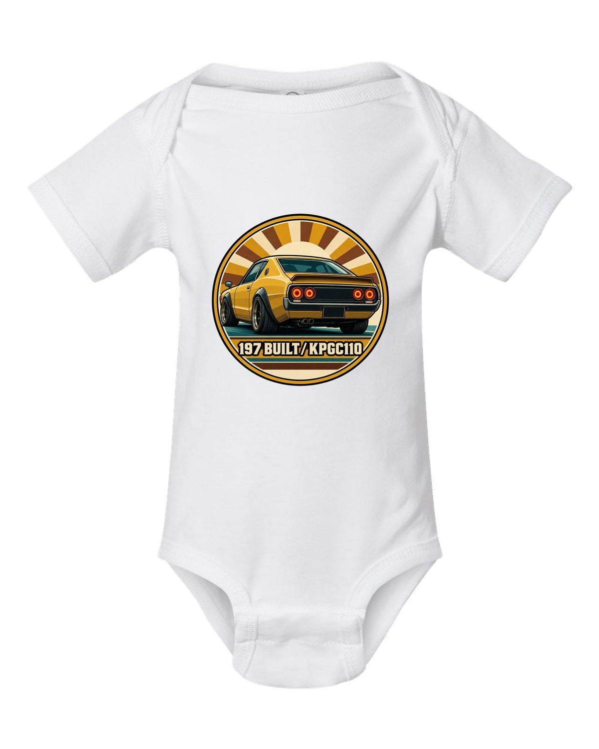 Round crest print for the Skyline Kenmeri KPGC110 with 197 Built lettering white baby onesie front view with the design