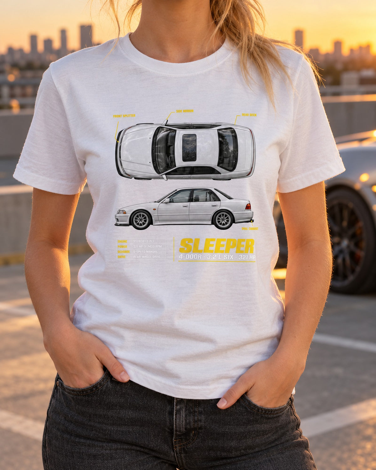 BMW E36 M3 Sedan Four-Door Sleeper Spec Poster Shirt T-Shirt White worn hero