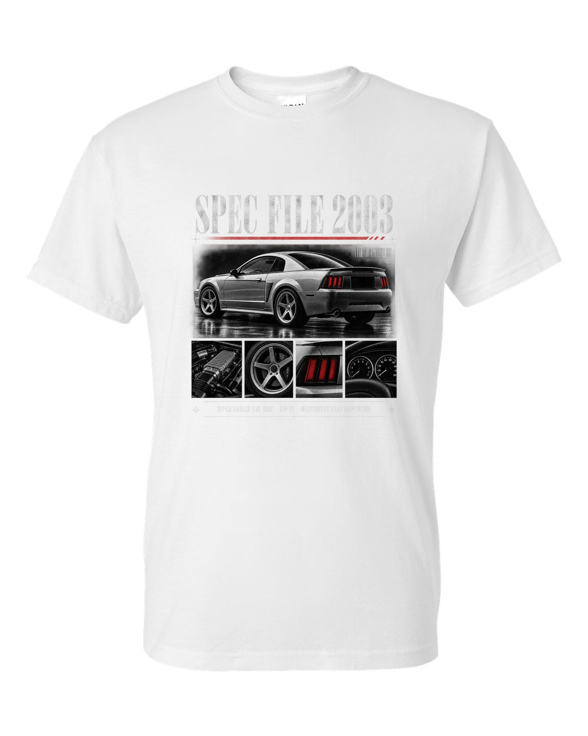 Dossier panel profile of a 2003 Ford Mustang SVT Cobra New Edge with spec file lettering white t-shirt front view with the design