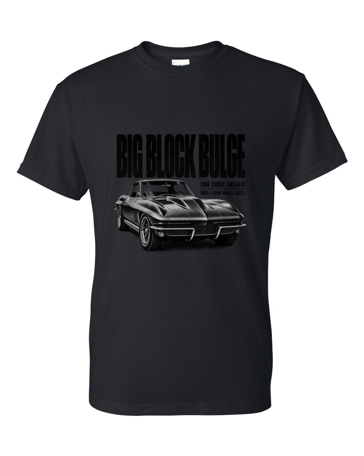 Chevrolet Corvette C2 Sting Ray 1965 big-block 396 hood bulge halftone print black t-shirt front view with the design