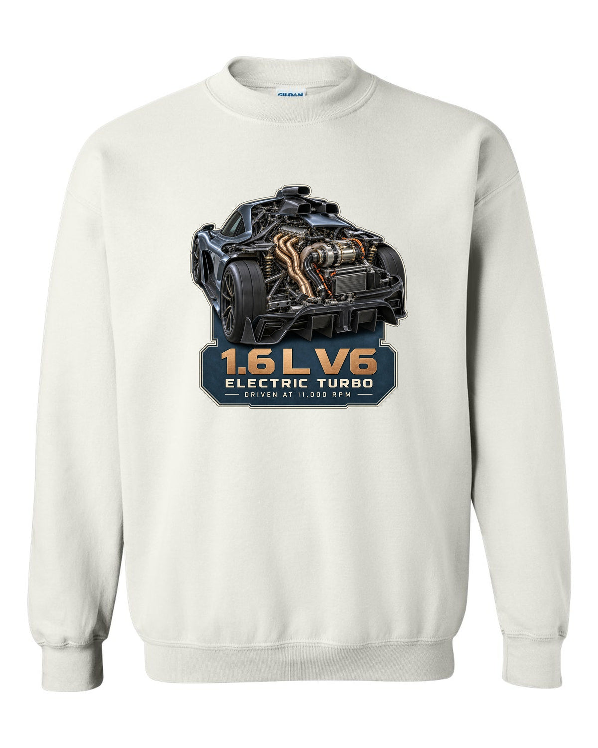 Mercedes-AMG One 1.6 L V6 hybrid power unit engine illustration white crewneck front view with the design