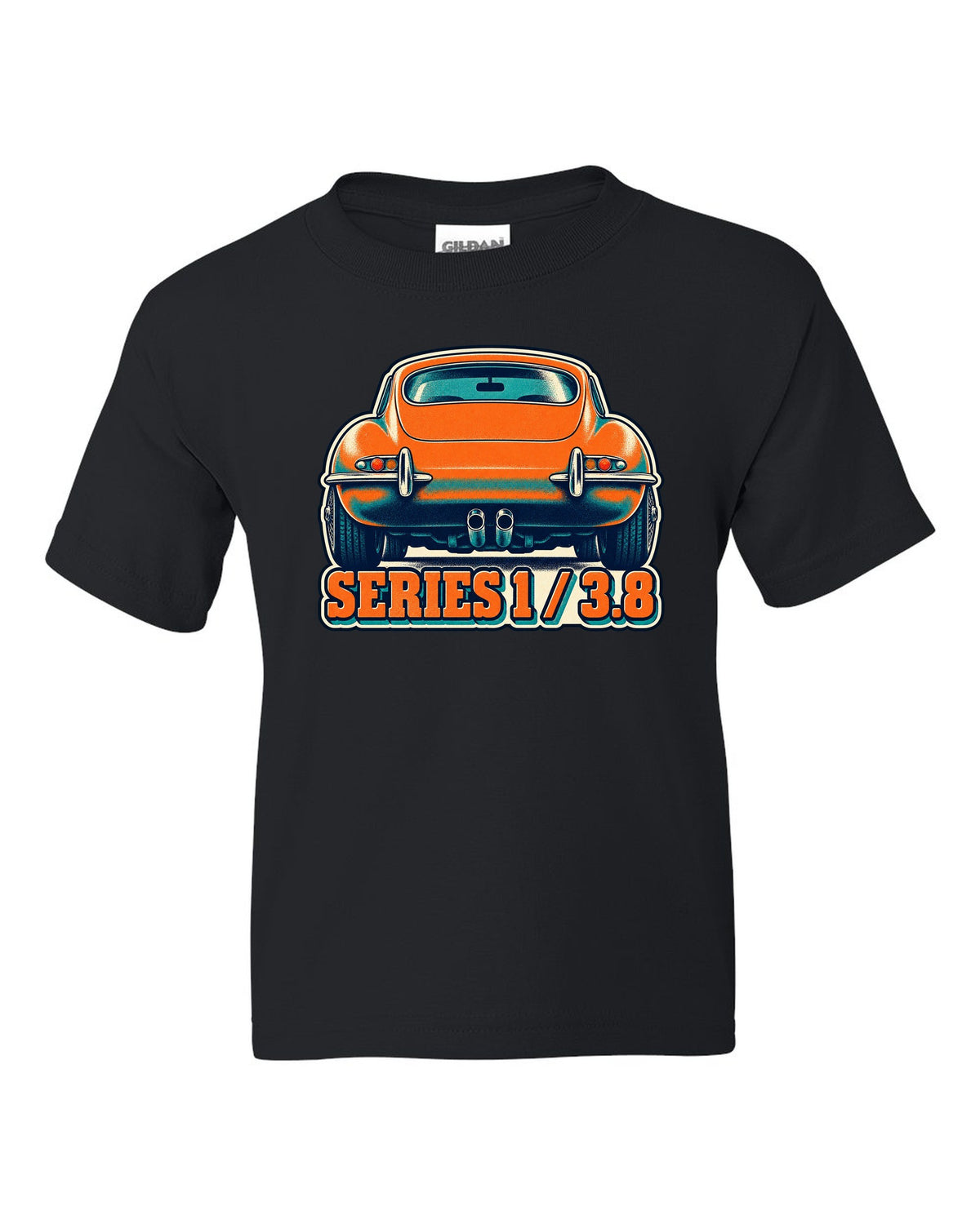 Risograph-style print of a Jaguar E-Type Series 1 taillight with Series 1 and 3.8 lettering black kids tee front view with the design