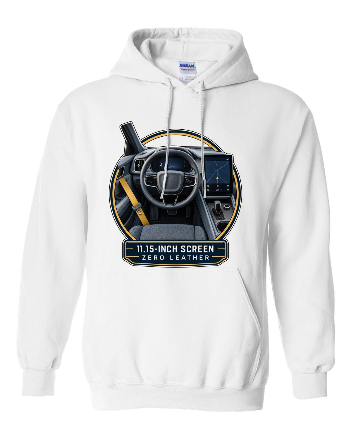 Polestar 2 cockpit with large centre screen, print design white pull over hoodie front view with the design