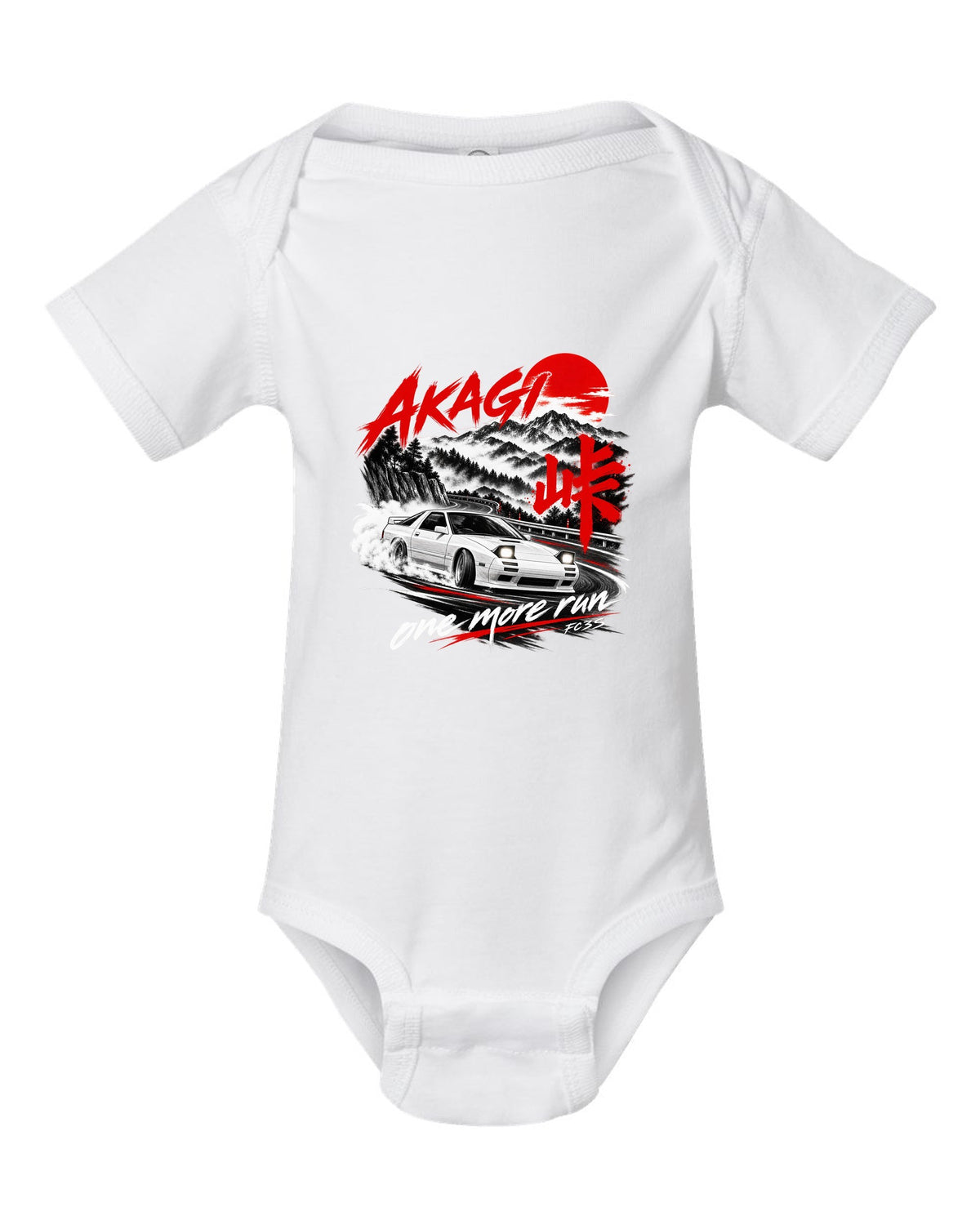 Night print of a Mazda RX-7 FC3S on Akagi with one more run lettering white baby onesie front view with the design