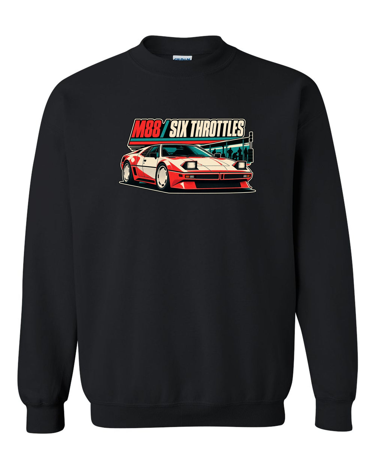 Vintage race poster print of a BMW M1 E26 with M88 six throttles lettering black crewneck front view with the design