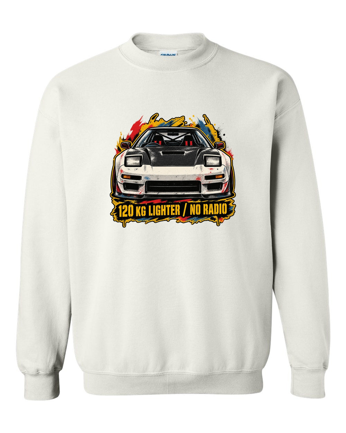 Grunge screen-print stencil print of a Honda NSX-R NA1 with 120 KG lighter no radio text white crewneck front view with the design