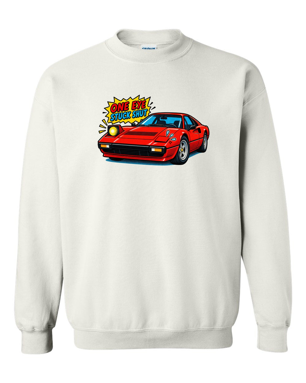 Comic halftone print of a Ferrari 308 GTB with one pop-up headlight stuck shut white crewneck front view with the design
