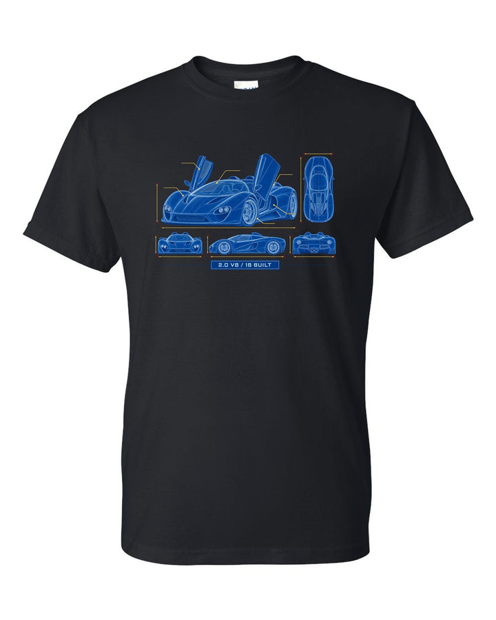 Cyanotype negative blueprint of an Alfa Romeo 33 Stradale with 2.0 V8 and 18 built black t-shirt front view with the design