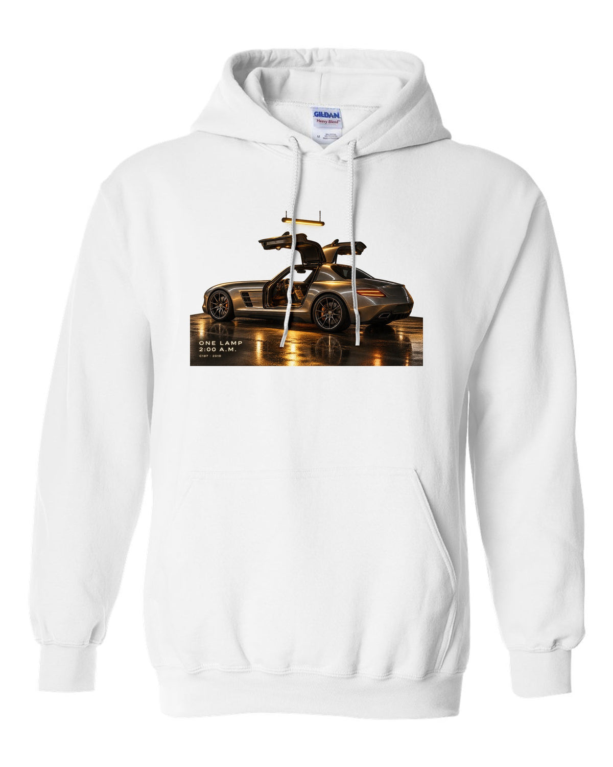 Garage night print of a Mercedes SLS AMG C197 under one lamp with 2:00 A.M. lettering white pull over hoodie front view with the design