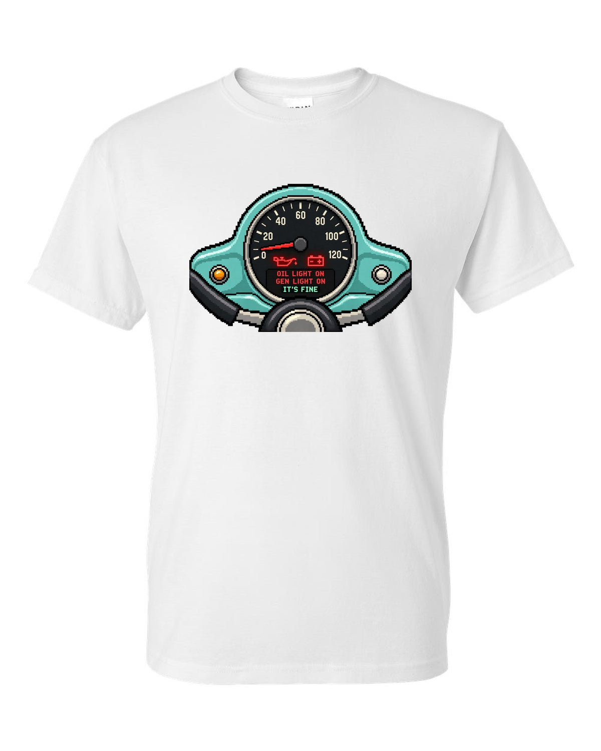 Pixel LED segmented display print of a VW Beetle Type 1 dashboard with warning light lettering white t-shirt front view with the design