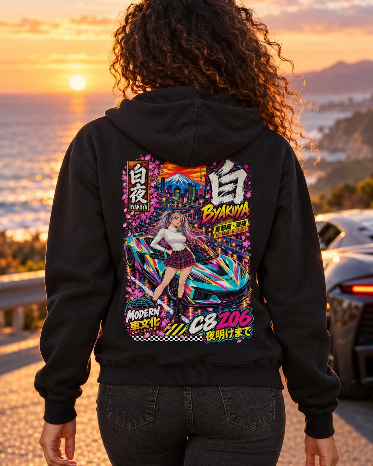BYAKUYA C8 Z06 Anime Girl Full-Back Graphic Tee Zip Hoodie Black worn hero