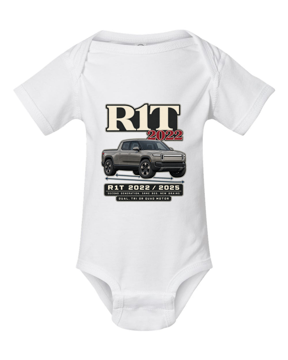 Archive panel print of a Rivian R1T Gen 2 with 2022 and 2025 model years white baby onesie front view with the design