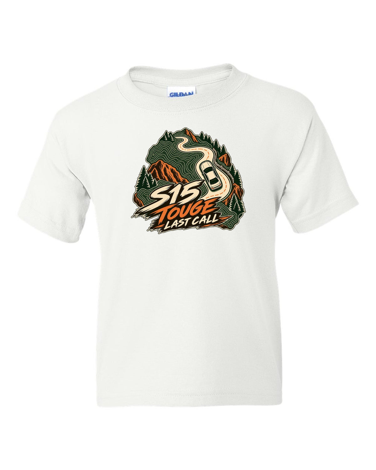 Topographic contour map line art of a mountain road with a Nissan Silvia S15 white kids tee front view with the design