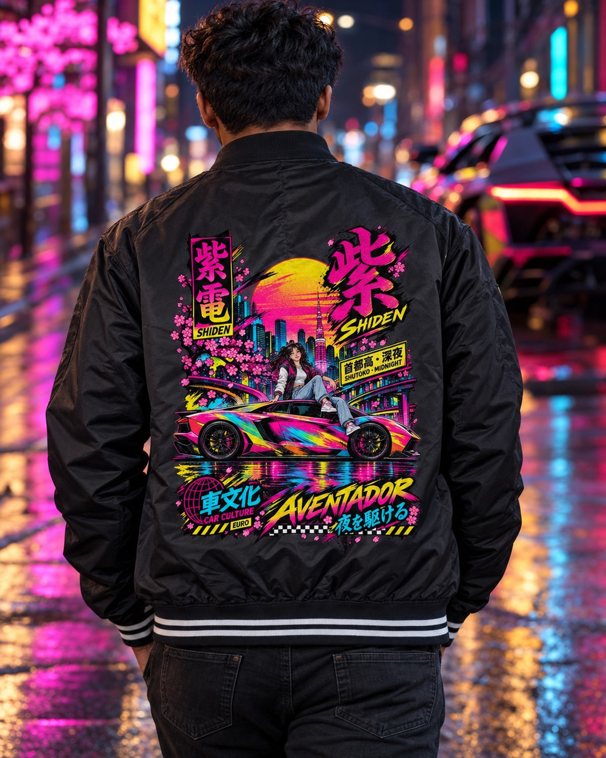 SHIDEN AVENTADOR Anime Girl Full-Back Graphic Tee Bomber Jacket Black worn hero