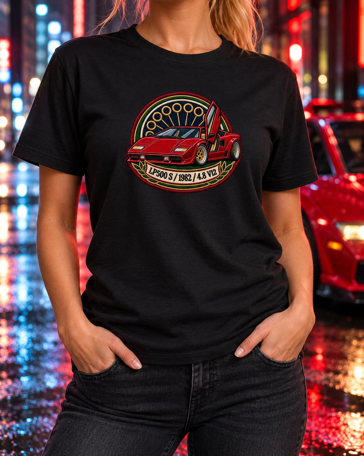 Countach LP500 S Varsity Crest Shirt, Lamborghini Car Tee T-Shirt Black worn hero