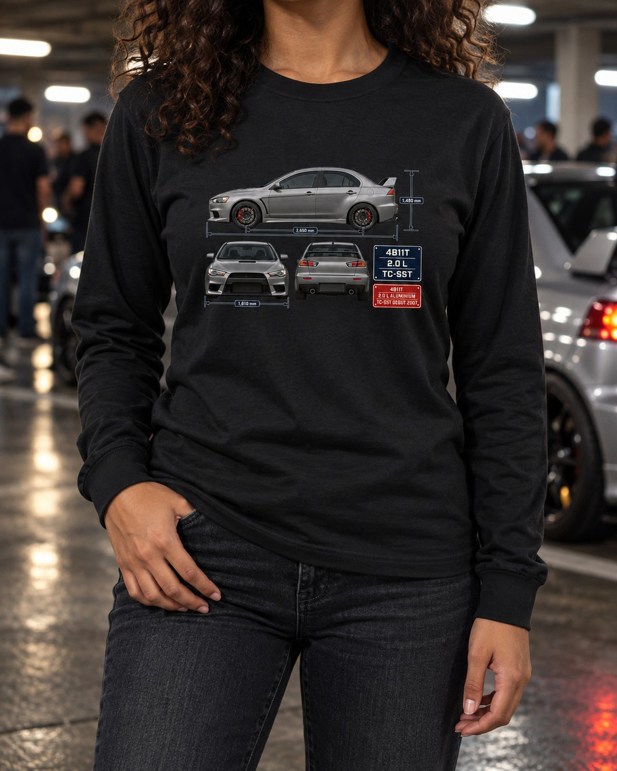 Evo X GSR Three-View Spec Table Tee, Mitsubishi Lancer Long Sleeve Black worn hero