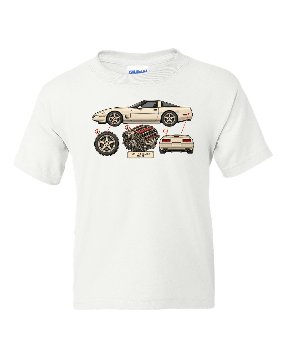 Neon HUD wireframe print of a 1997 Chevrolet Corvette C5 coupe with LT5 32 valves 375 HP lettering white kids tee front view with the design