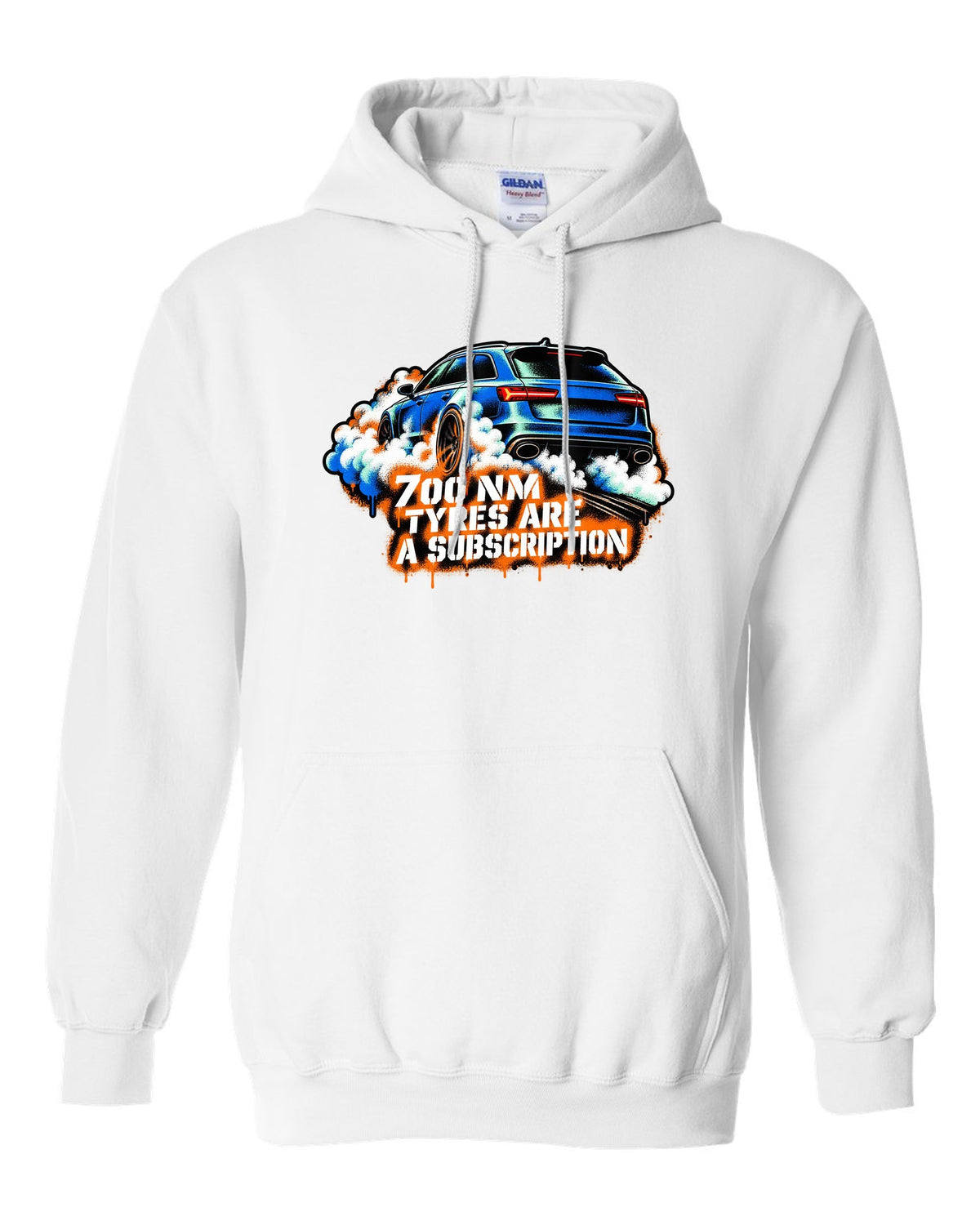 Stencil spray street art design of the Audi RS6 Avant C7 4G with 700 Nm and tyres are a subscription lettering white pull over hoodie front view with the design