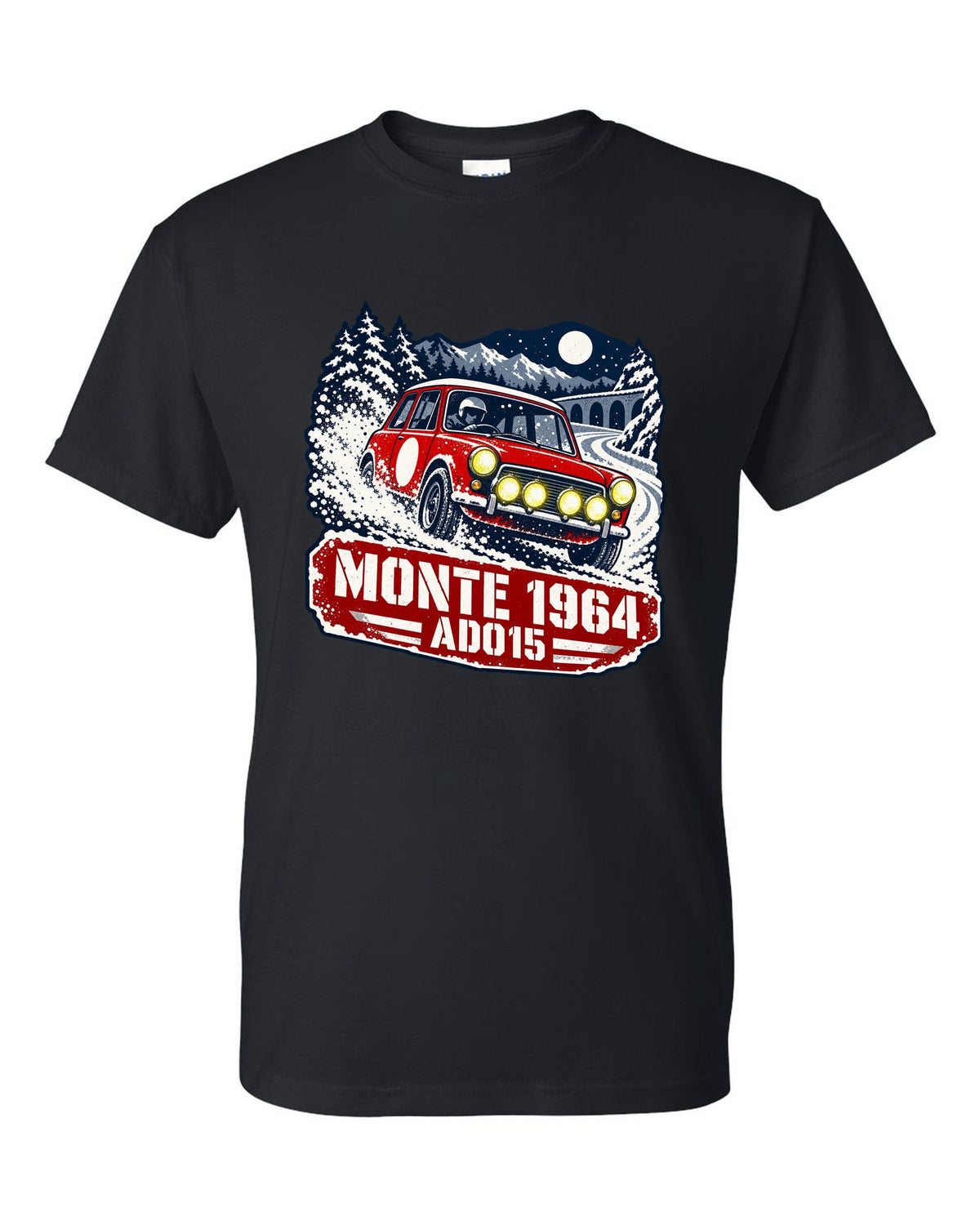Stencil rally poster print of a Classic Mini Cooper S ADO15 on a night stage for Monte 1964 black t-shirt front view with the design