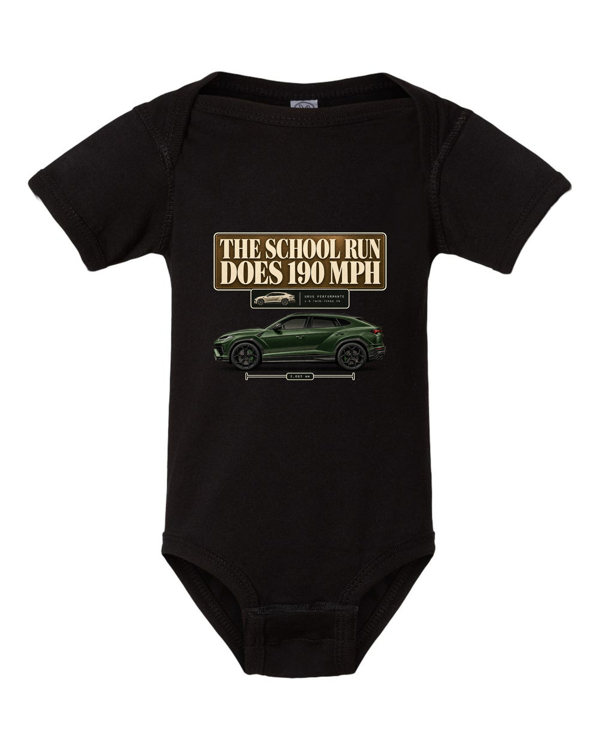 Lamborghini Urus Performante editorial headline print reading the school run does 190 mph black baby onesie front view with the design