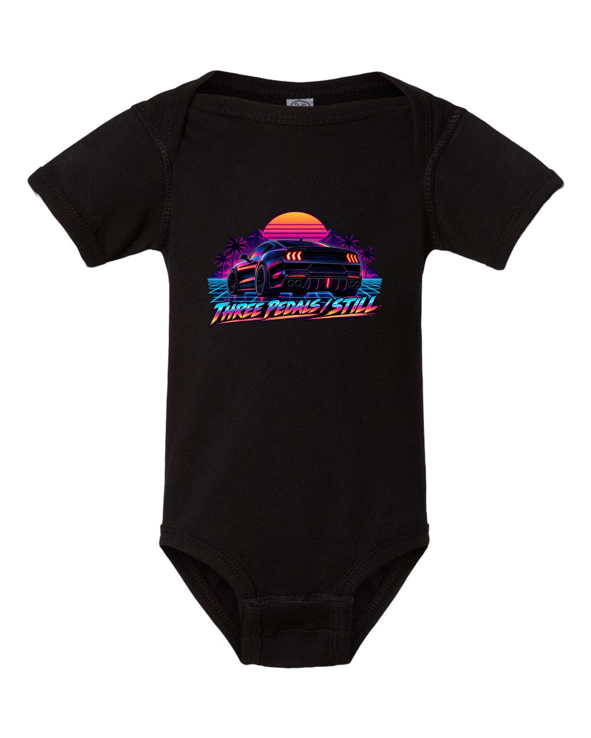 Synthwave outrun 2024 S650 Ford Mustang coupe with Three pedals still text black baby onesie front view with the design