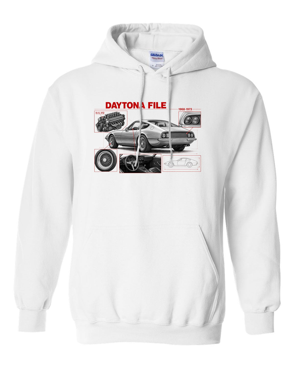 Engine hero print of a Ferrari 365 GTB/4 Daytona V12 with six twin-choke Weber carburettors white pull over hoodie front view with the design