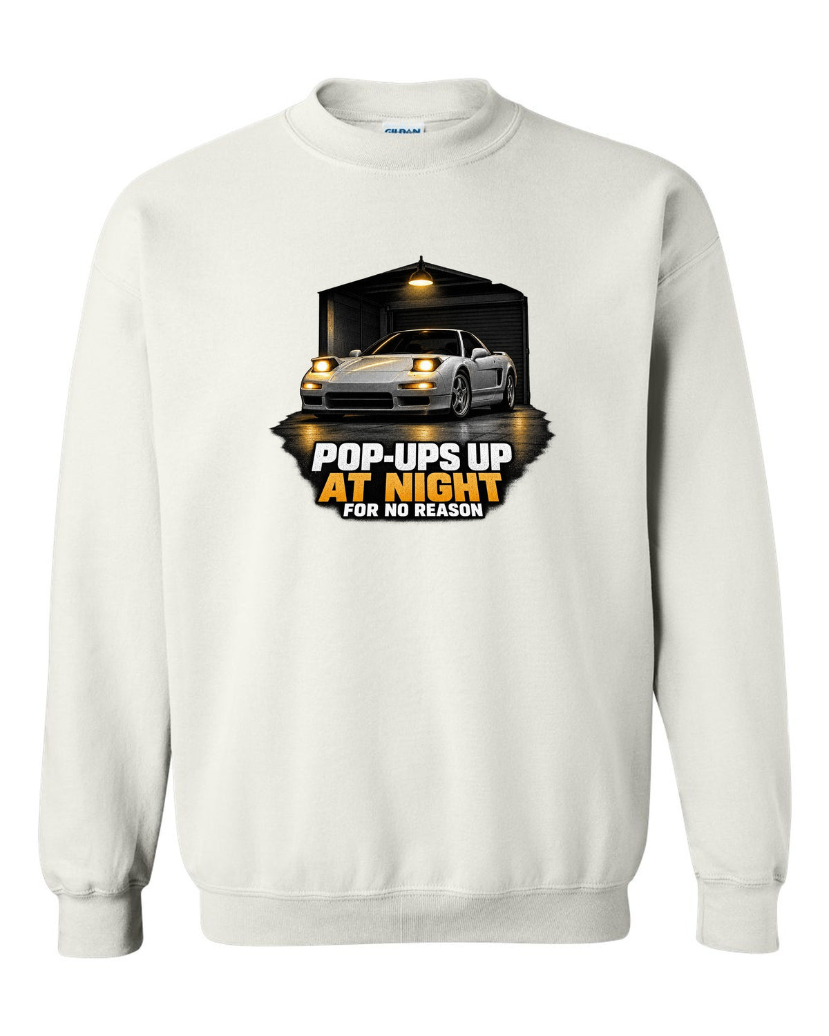 Honda NSX NA1 garage night design with pop-ups up at night for no reason text white crewneck front view with the design