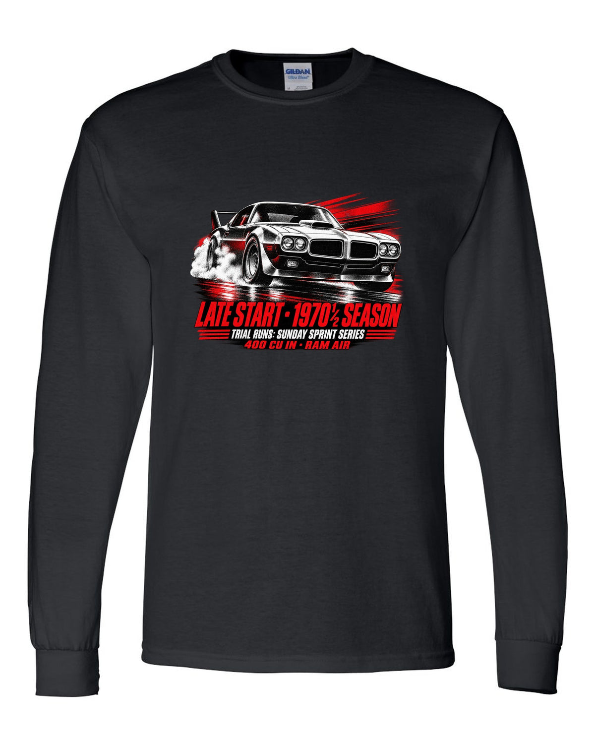 1970 1/2 Pontiac Firebird Trans Am race poster print with Ram Air text black long sleeve front view with the design