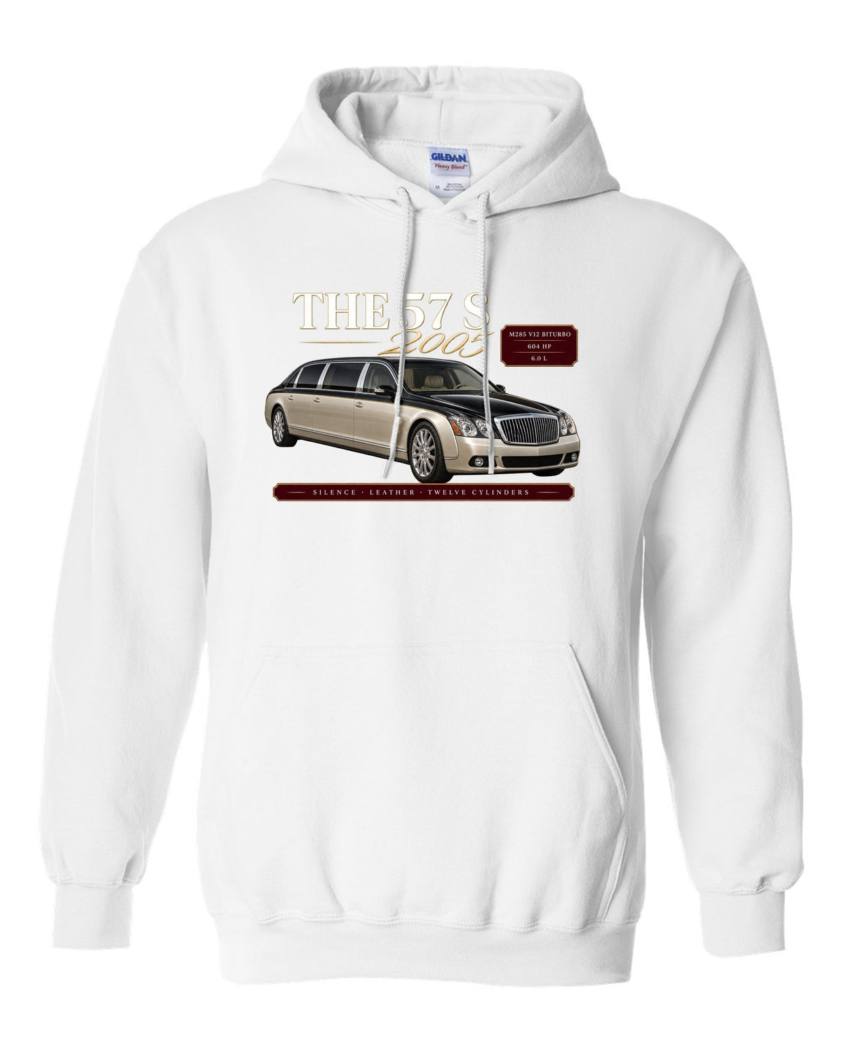 print archive panel of a Maybach 57 S W240 with text silence, leather, twelve cylinders white pull over hoodie front view with the design