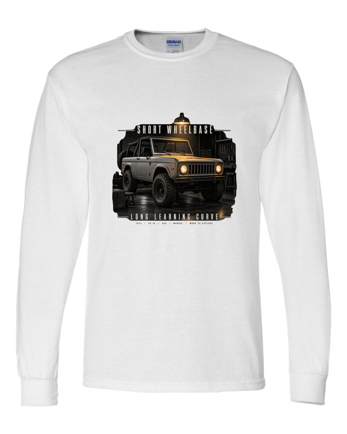 Garage night print for the Jeep CJ-5, Short Wheelbase Long Learning Curve white long sleeve front view with the design