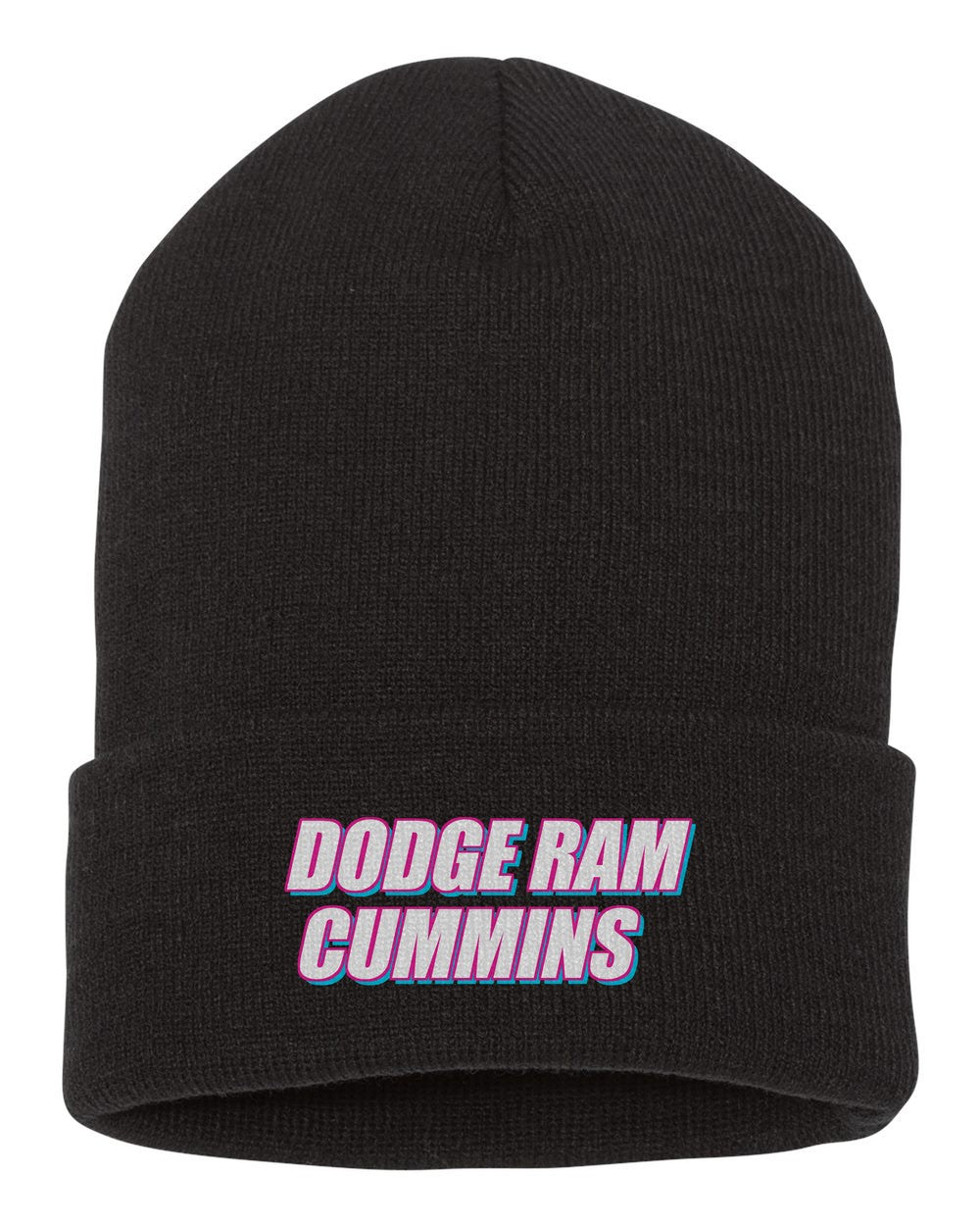 Dodge Ram Cummins black beanie front view with car name