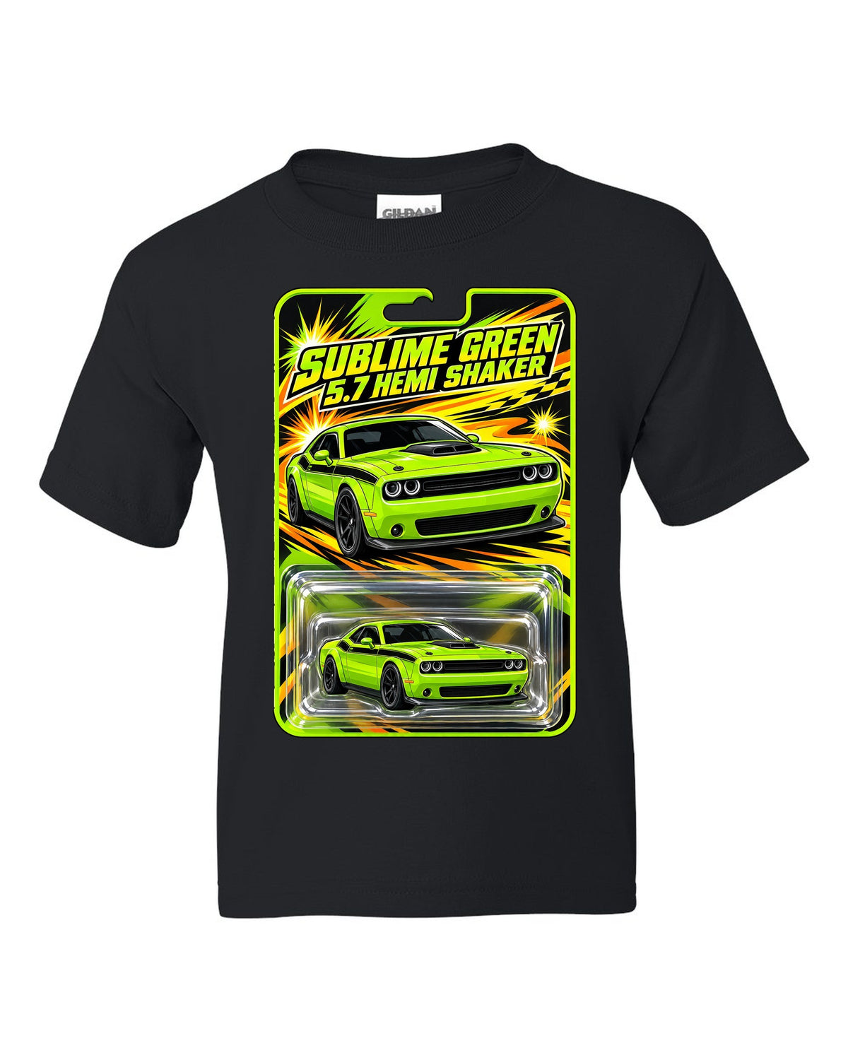 Blister toy card print of a 2015 Dodge Challenger R/T Shaker in Sublime Green black kids tee front view with the design