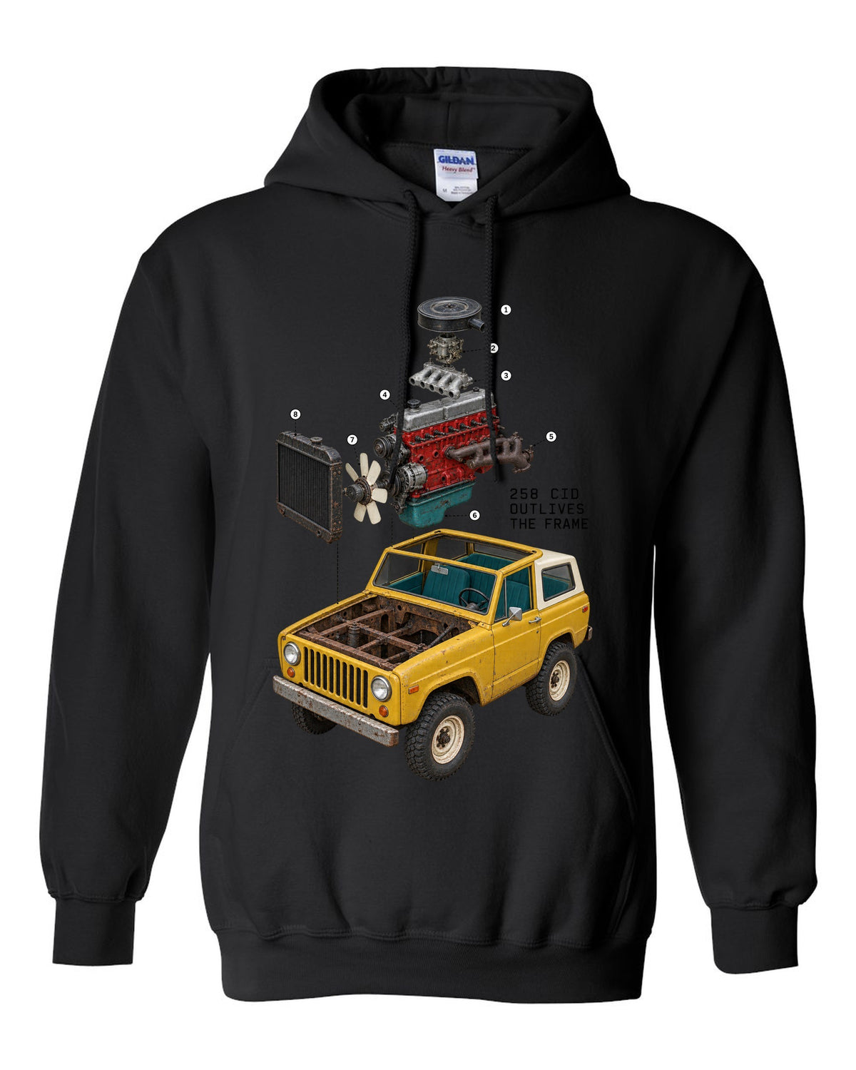 Exploded cutaway engine print of a Jeep CJ-7 258 CID inline-six black pull over hoodie front view with the design