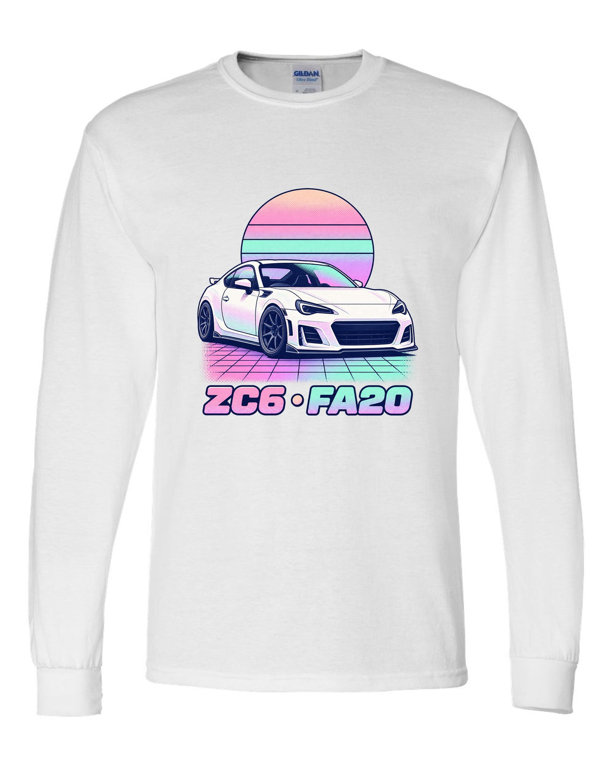 Subaru BRZ ZD8 round varsity crest print, ZD8 / FA24 / 2022 white long sleeve front view with the design