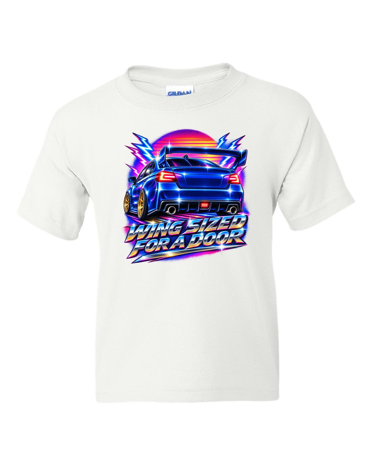 Subaru WRX STI VAB rear in 80s airbrush chrome, WING SIZED / FOR A DOOR white kids tee front view with the design