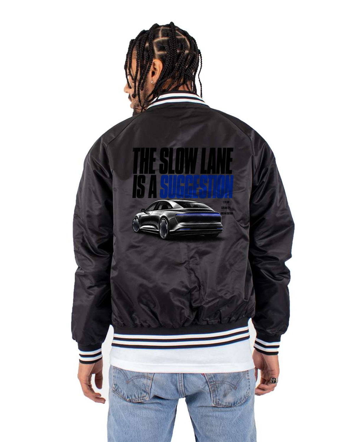Lucid Air Dream Edition Slow Lane Halftone Shirt, 1,111 HP Bomber Jacket Black back