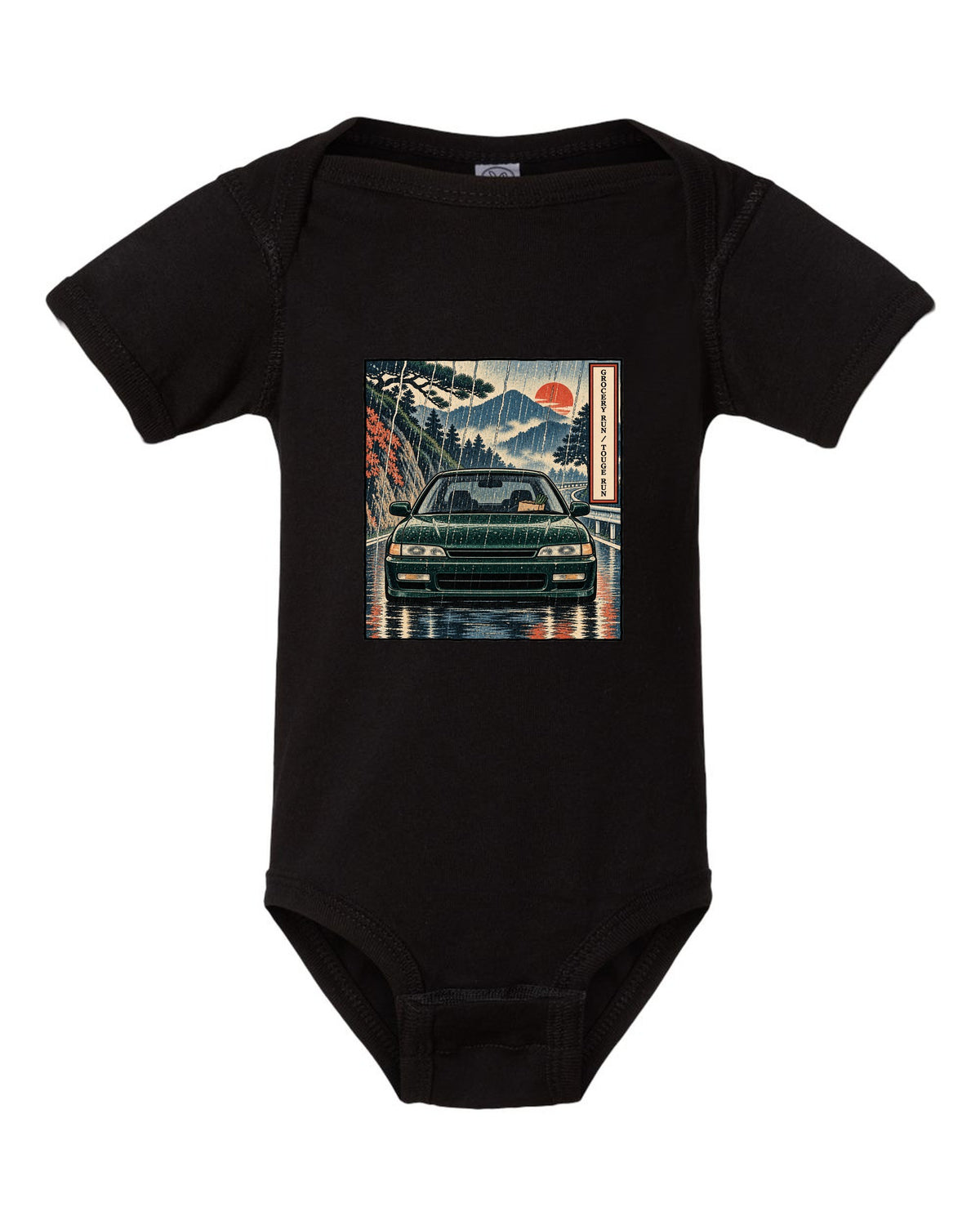 Ukiyo-e woodblock style print of a Honda Accord CD6 SiR with grocery run touge run text black baby onesie front view with the design
