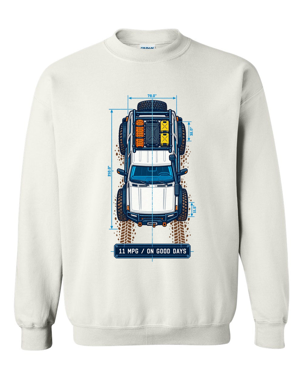 Top-down blueprint line art of a Toyota Land Cruiser FJ80 with roof rack and 11 MPG lettering white crewneck front view with the design