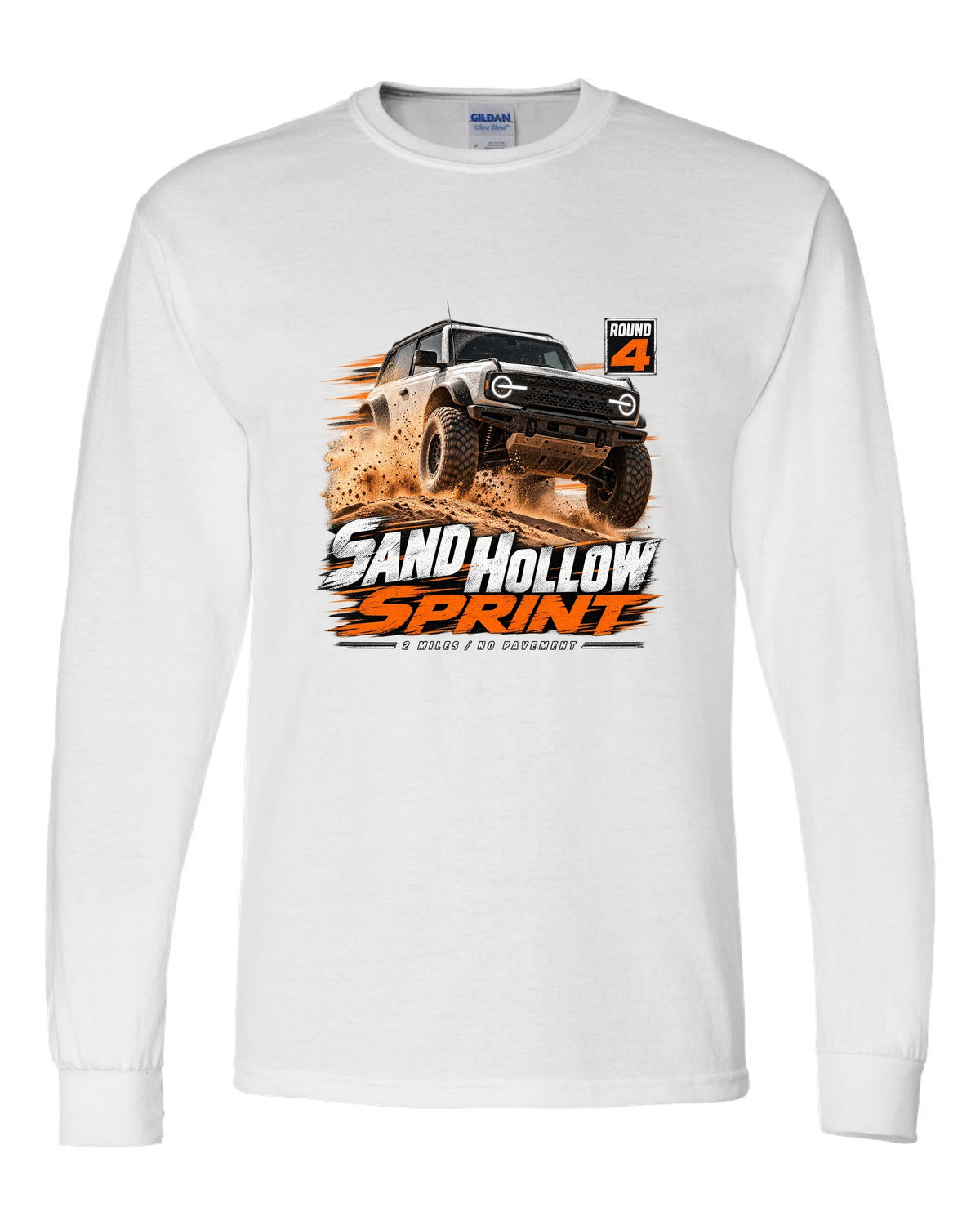 Jeep Wrangler JL dune sprint race poster print with Sand Hollow text white long sleeve front view with the design