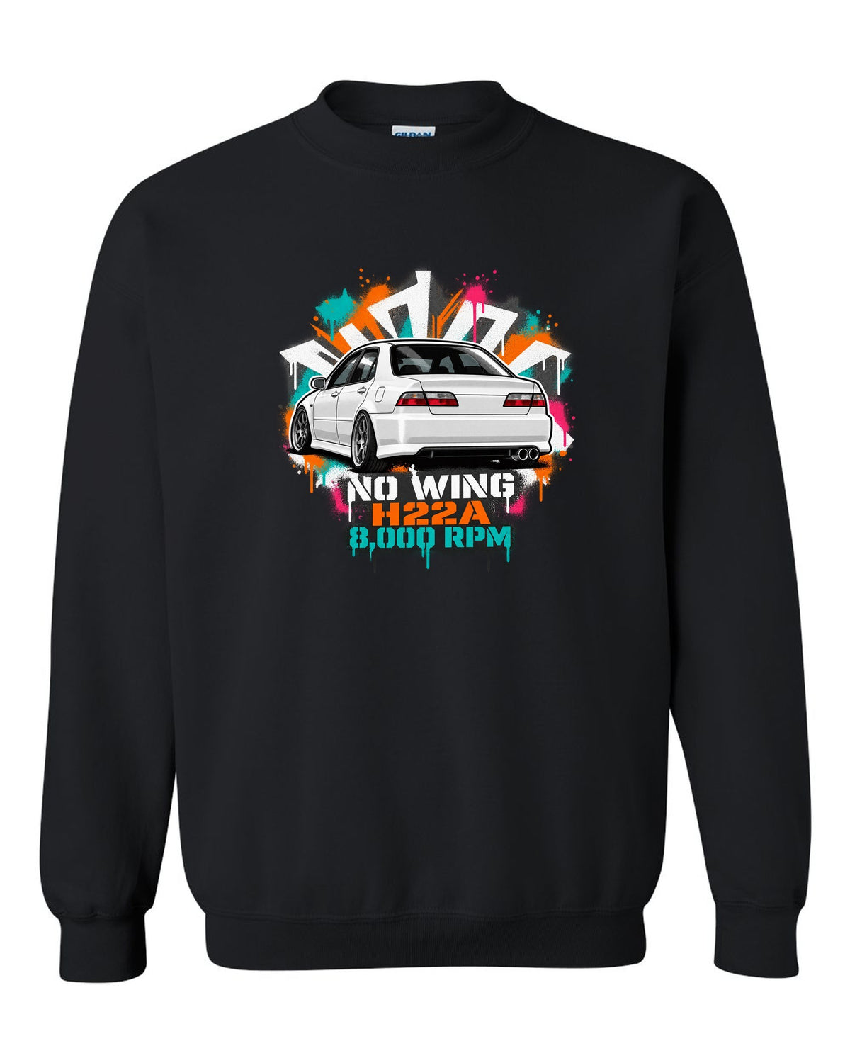 Stencil spray street art print of a Honda Accord Euro R CL1 with no wing H22A 8,000 RPM text black crewneck front view with the design