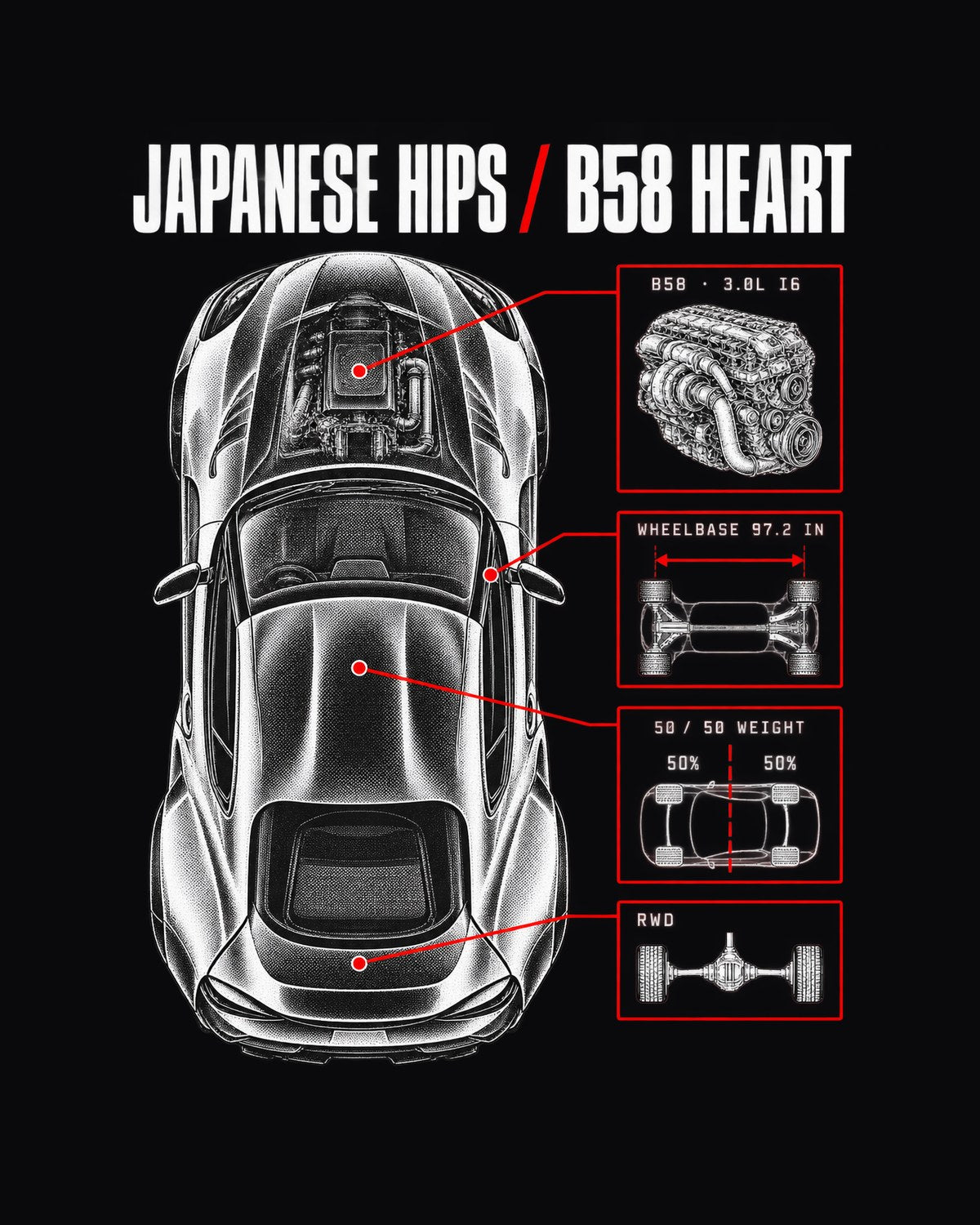 Toyota GR Supra A90 Spec Poster Shirt, B58 Heart design only