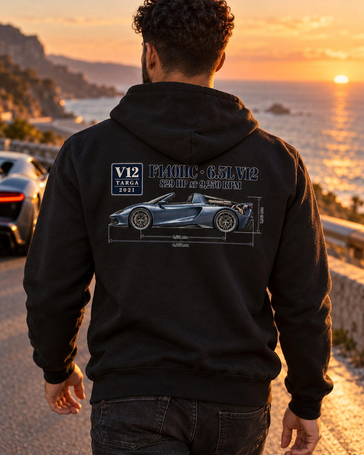 Ferrari Daytona SP3 F140HC Dimension Blueprint Shirt Zip Hoodie Black worn hero