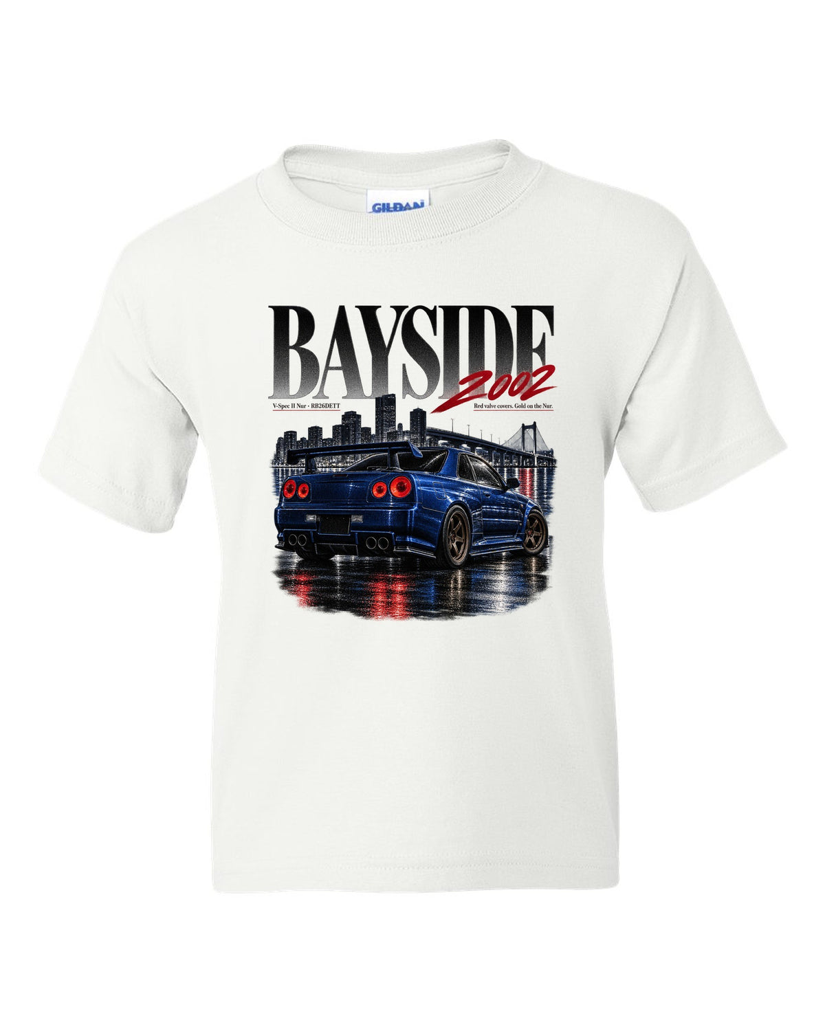 Editorial print of a Nissan Skyline GT-R R34 V-Spec II Nur rear with RB26DETT text white kids tee front view with the design