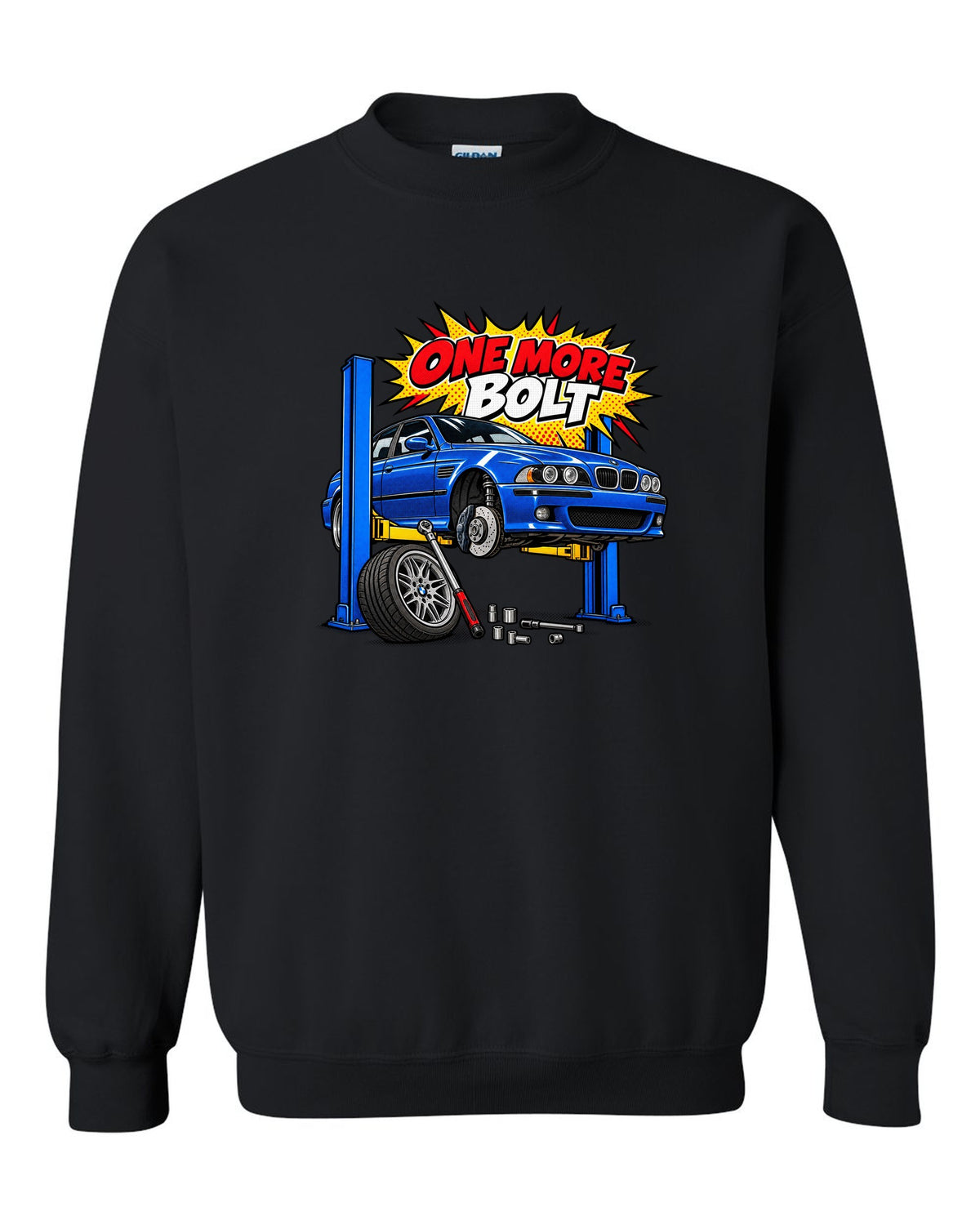 Ukiyo-e woodblock wave print of a BMW M5 E39 with S62 4.9 V8 text black crewneck front view with the design